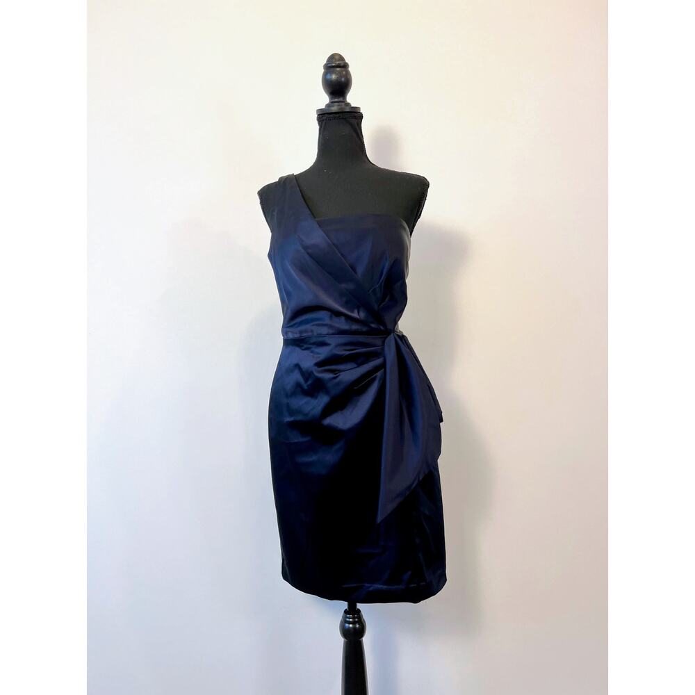 Ralph Lauren Satin One-Shoulder Cocktail Mini Dress in Navy Blue Size 10 Lined